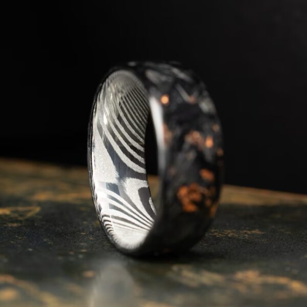 Polished Copper Chopped Carbon Fiber Lined With Damascus Steel. Forged Carbon Fiber. Men's Black Wedding Ring. Exclusive Men's Wedding Band. - Image 2