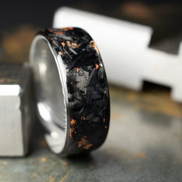 Polished Copper Chopped Carbon Fiber Lined With Damascus Steel. Forged Carbon Fiber. Men's Black Wedding Ring. Exclusive Men's Wedding Band. - Image 7