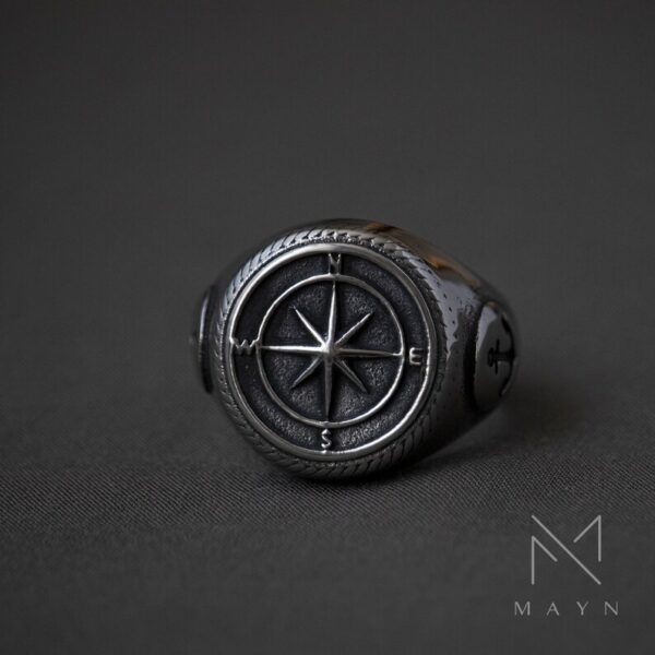 Marine compass rose signet ring for men, Stainless steel nautical anchor ring for him, Chunky male ring for birthday gift, Sea captain ring - Image 2
