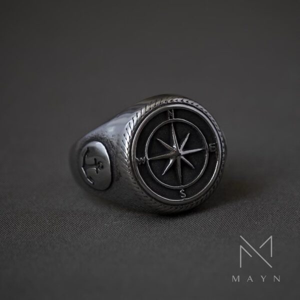 Marine compass rose signet ring for men, Stainless steel nautical anchor ring for him, Chunky male ring for birthday gift, Sea captain ring - Image 3