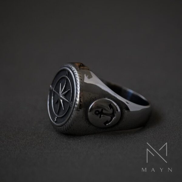 Marine compass rose signet ring for men, Stainless steel nautical anchor ring for him, Chunky male ring for birthday gift, Sea captain ring - Image 4